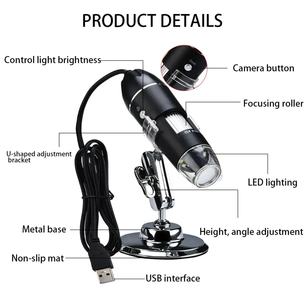 

1600X USB Digital Microscope Electronic Microscope 2MP 1080P Camera Endoscope 8 LED Magnifier Adjustable with Metal Stand For PC