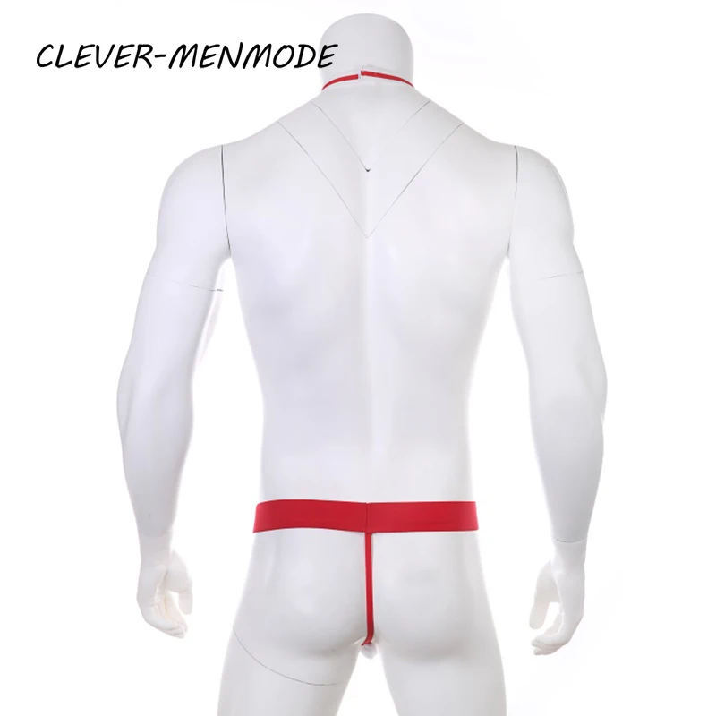 CLEVER-MENMDOE 참신 섹시한 남성 Mankini 끈 게이 속옷 에로틱 란제리 웨이터 포르노 의상 멜빵 바디 슈트 넥타이 테디