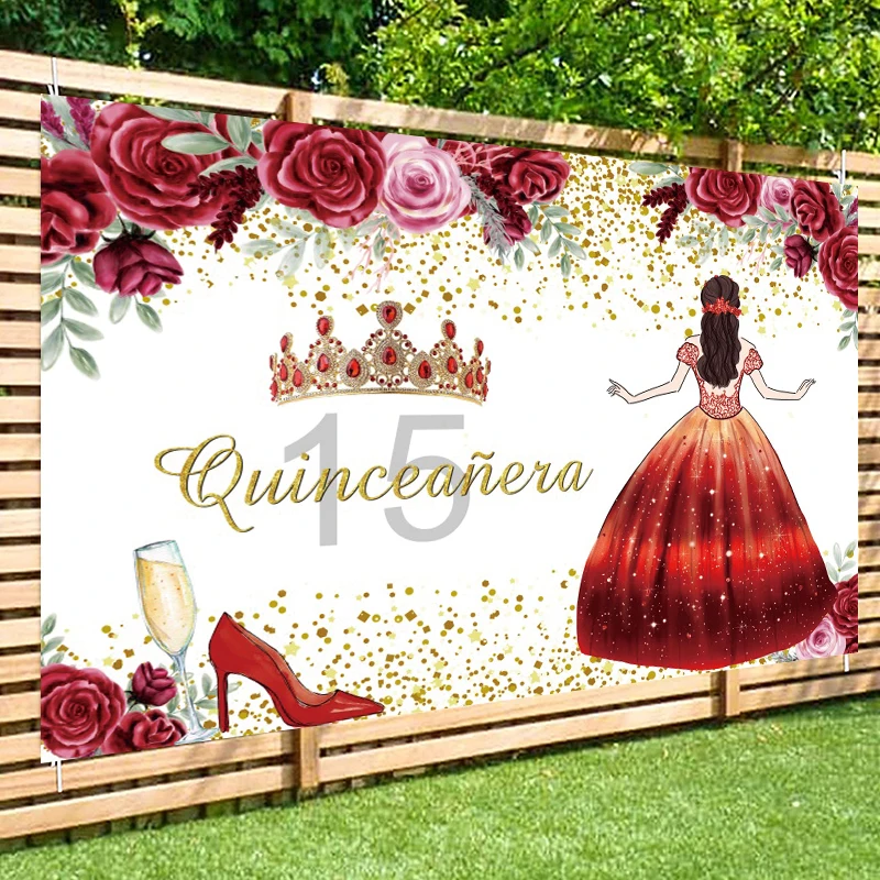 ฉากหลังวันเกิด15th สำหรับเด็กผู้ชายเด็กผู้หญิง15คนที่ตกแต่งงานปาร์ตี้มงกุฎแดงอายุสิบห้าปีอุปกรณ์ประกอบฉากแบนเนอร์