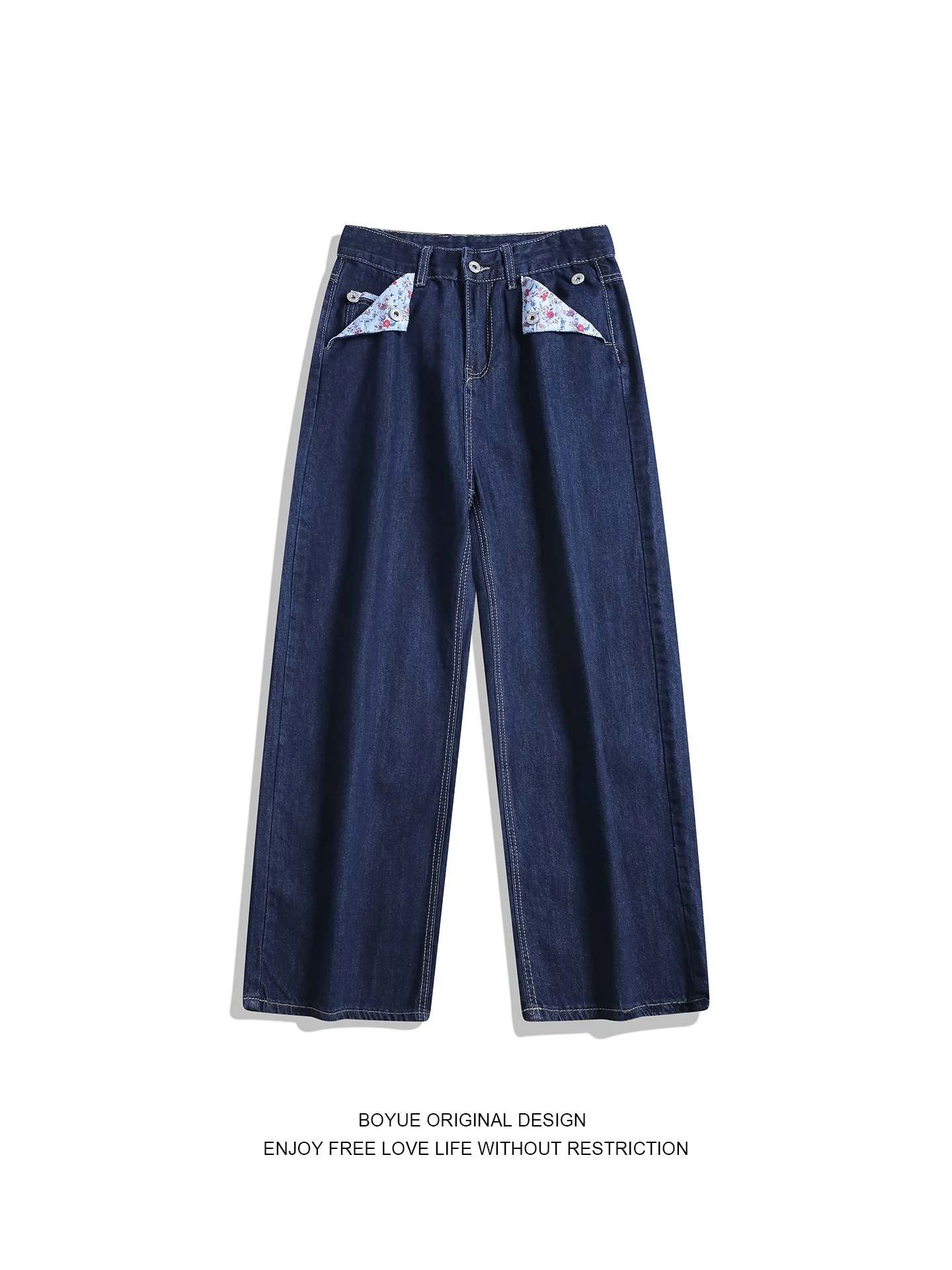 

Boyue American Retro Floral Denim Pants Men Women Waed Wide Leg Patchwork Design Straight Long Trendy Cotton Polyester Blend