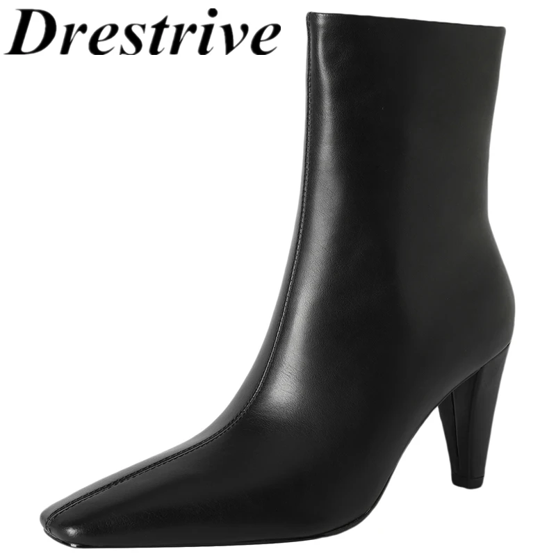 Drestrive 2025 Elegant Women's Ankle Boots Laminated Split Leather Zipper Pointed Toe Spike Heels Handmade Winter Shoes