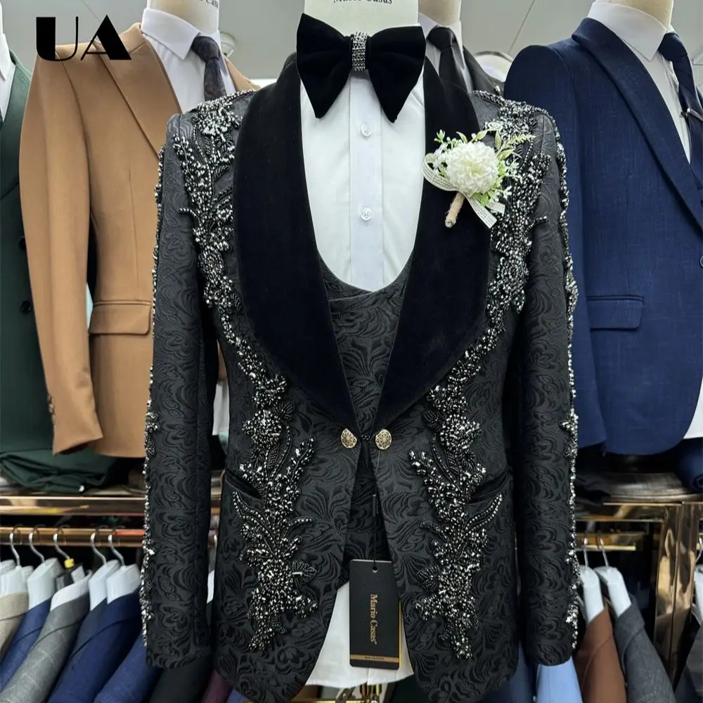 남성용 자카드 3피스 고급 정장 세트, 벨벳 칼라가 있는 수제 비즈 크리스탈 자켓, 웨딩 신랑 정장, 프롬 정장 의상