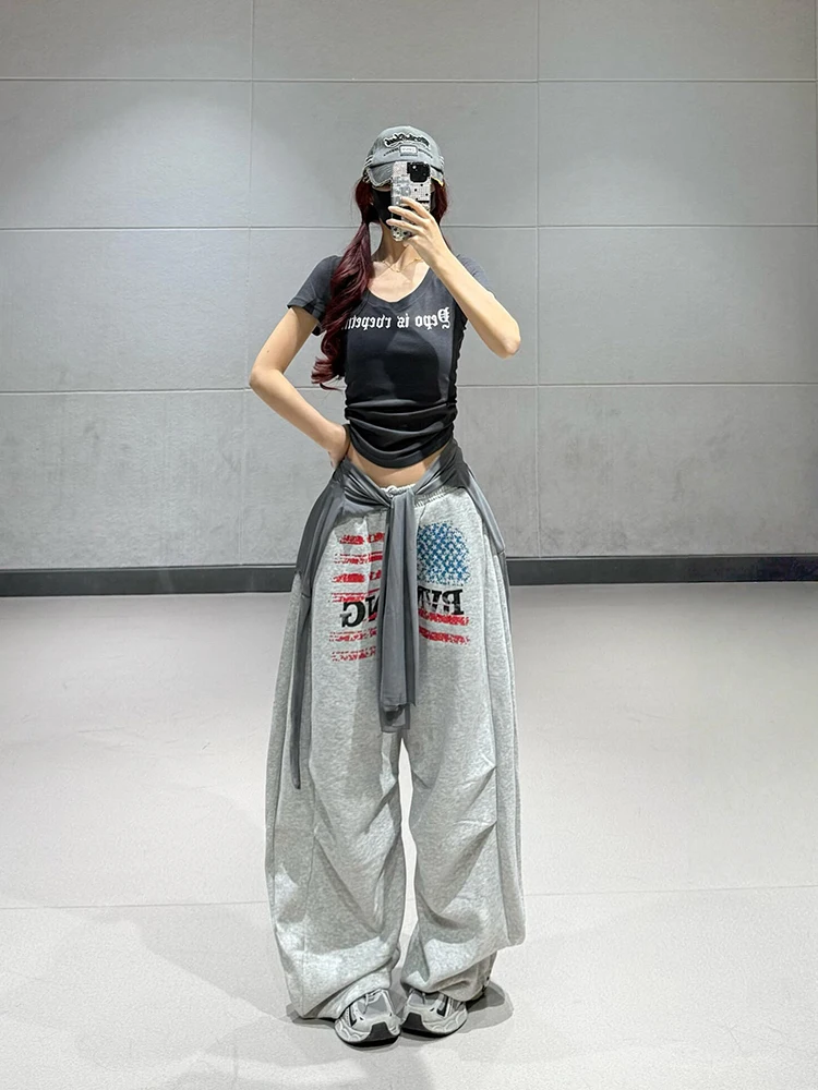 Pantalones de pierna ancha con estampado de letras y bandera americana retro, pantalones largos hasta el suelo para baile callejero de hip hop de otoño para mujer, pantalones drapeados de pierna recta...