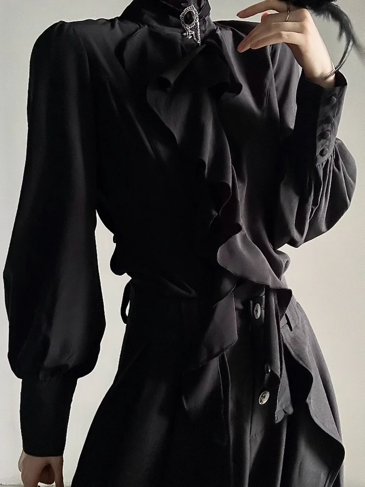 

Vintage Gothic Black Bottoming Shirt Women Y2k Harajuku Stand Collar Ruffles Slim Blouses Japanese Elegant Long Sleeve Tops New
