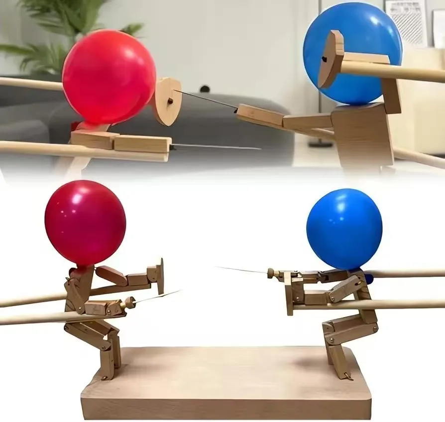 Balloon Bamboo Man Battle Wooden Fighter with Inflatable Head Fast-Paced Balloon Fight Wooden Bots Battle Game for 2 Players