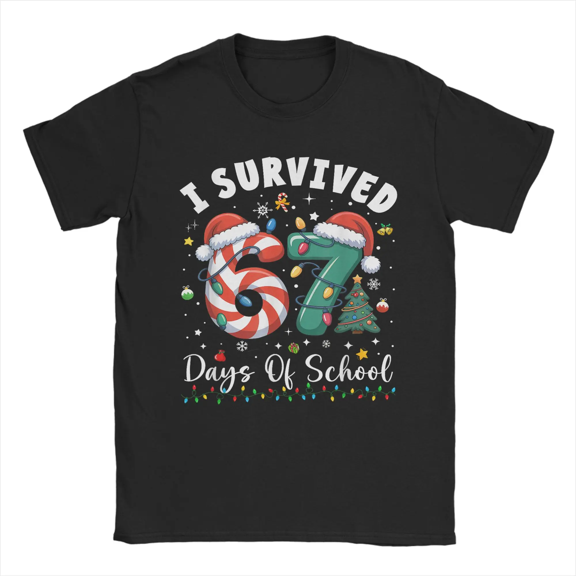 

I Survived 67 Days of School Рождественская футболка Candy Cane Six Seven из чистого хлопка для мужчин Футболки с круглым вырезом Футболка большого размера Топы