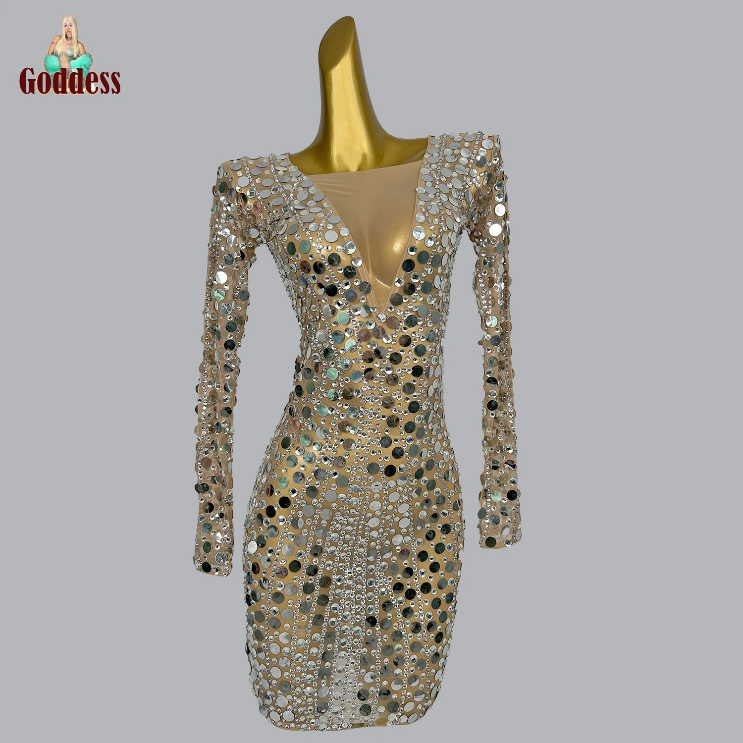 

Women's Sparkly Sequins Rhinestone Short Dress Performance Sexy Dance Dress Mesh Sexy Nightclub Showgirl Dance Dress Stage Dress