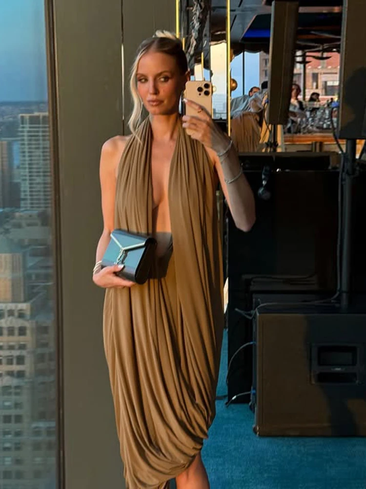 Nibber froncé licou robe Maxi femmes sans manches dos nu ourlet irrégulier solide vacances classique base bal fête élégante robes