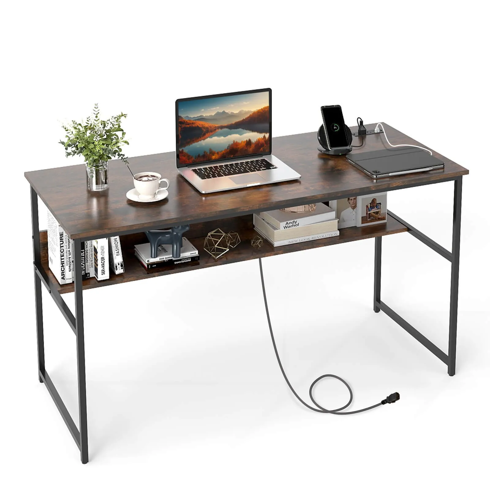 

55 x 24 inch Office Desk w/Charging Station,Storage Shelf,Heavy Duty Metal Frame
