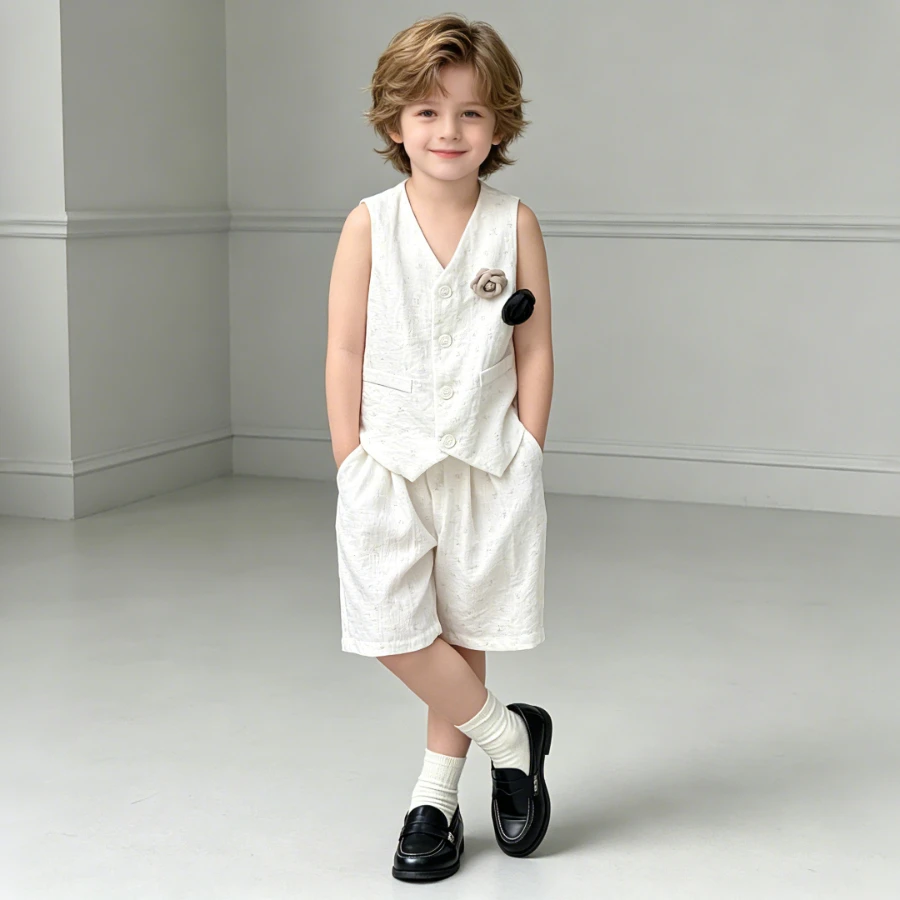 

Boys 2Pcs Vest Shorts Set Floral Embroidery Gentleman Outfit for Kids Wedding Birthday Party Daily Holiday Performance Costume