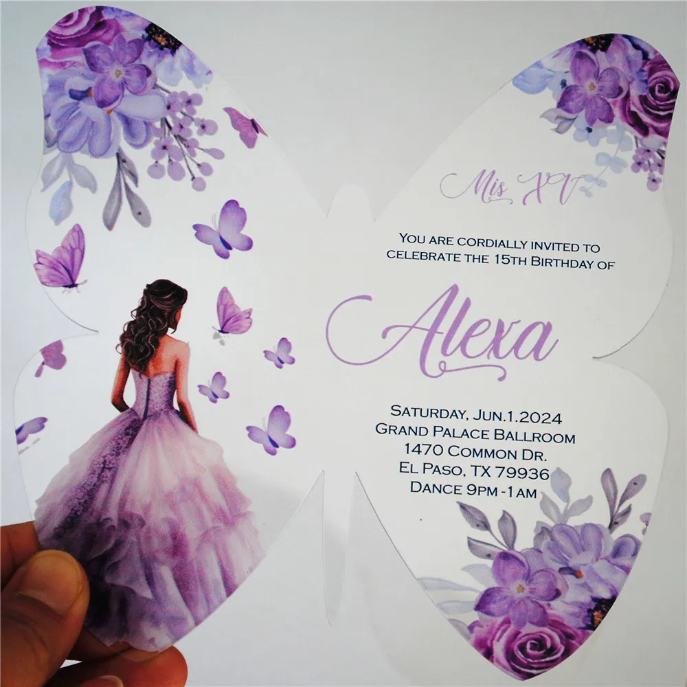10pcs Girl Sweet 16 Birthday Bar Mitzvah Quinceanera Invitation Card Clear Acrylic Butterfly Custom Print Invite