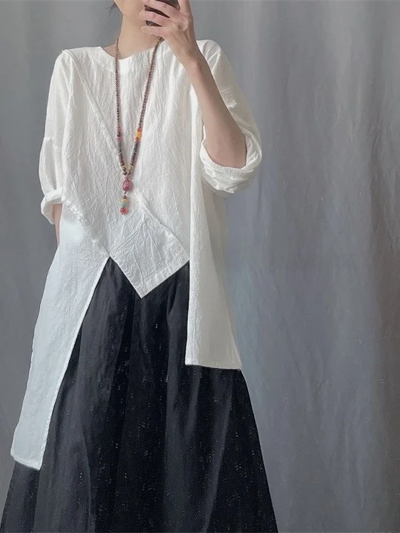 tappetino Bla Bianco Cotone Lino irt rotondo Ne Overhead Set Orlo asimmetrico Design Faionable Top per donna