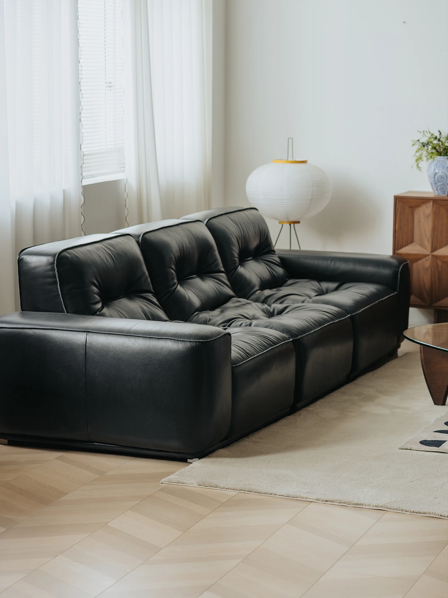 LMM leather sofa living room first layer cowhide retro black tofu block Italian minimalist straight row sofa
