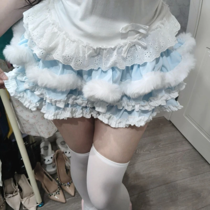 Pretty Kawaii Sweet Japanese Blue High-waist Short Skirt Fashion Cute Patchwork Lint Cake Skirts Women Design Solid Lovely Skirt