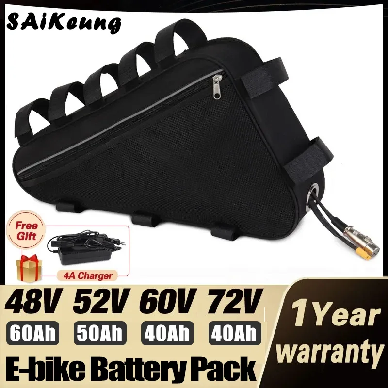 

Литиевая батарея для электровелосипеда 72В 60В, треугольная, на элементах 18650, 52В 48В 36В, 20Ач 30Ач 35Ач 40Ач, огромная емкость, 2000Вт, 50Ач 60Ач, с зарядным устройством