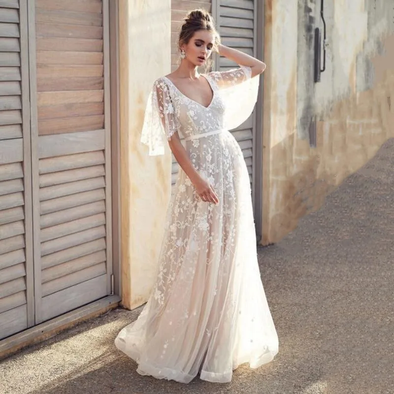 Lange Boho Elegante Trouwjurken Voor Zwangere Vrouwen Hoge Taille Tulle Halve Mouwen V-hals Moederschap Bruid Gown Vestidos De Novia