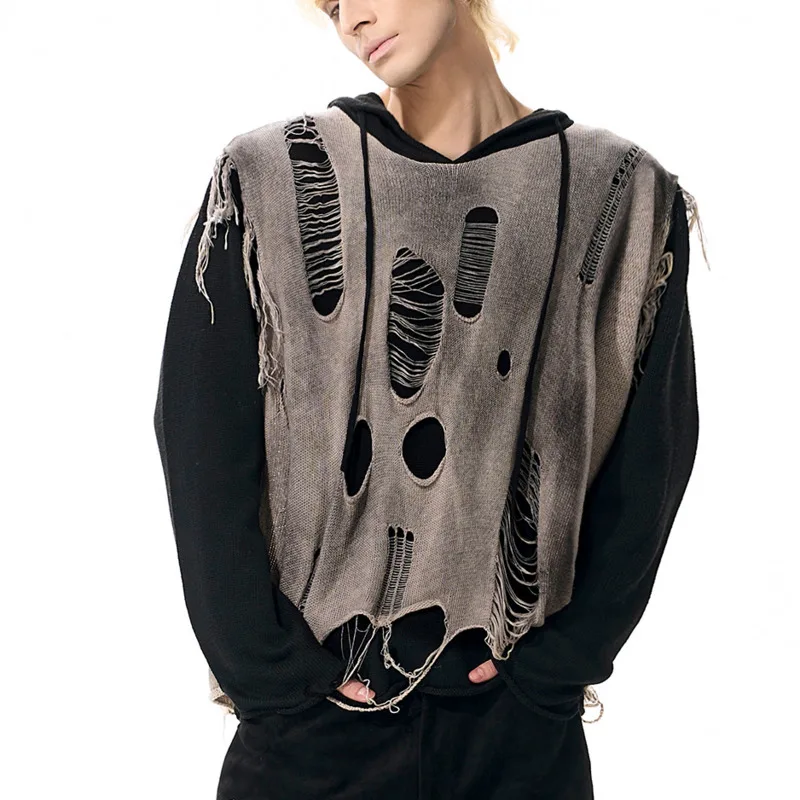 WVGA primavera otoño nuevo hombre marea desgastado suéteres de dos piezas tinte sucio moda prendas de punto con capucha nicho Chic Casual Tops Ins W12561