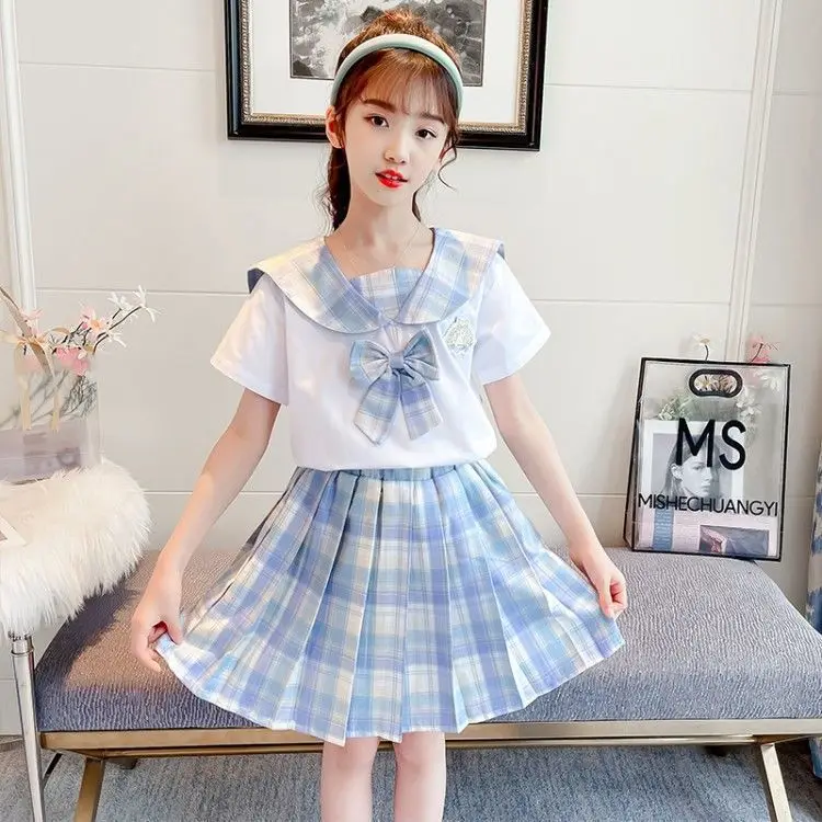 2023 new teens Summer Fashion Child Primary School Girl JK Uniform Bow sailor Collar Blouse Shirt + Plaid Pleated Skirt 2pc/Set