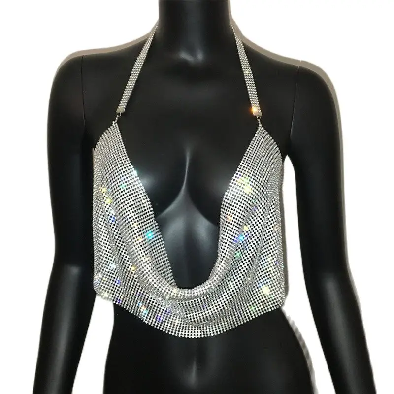Sexy Low Cut Backless Shiny Rhinestone Crop Tank Tops For Lady Women Hollow Out Halter  Metallic Sequined Solid Party Tube Top