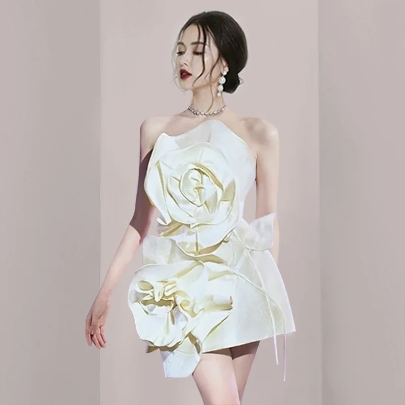 White Women Prom Dress Sexy Short Mini Party Gown 3D Flower Formal Office Lady Business Work Wear Robes