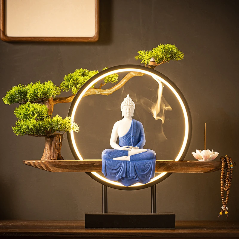 New Chinese Zen-Style Ceramic Shakyamuni Buddha Ornaments For Home Living , Entrance, Tea Room, Desktop Creative Light Ring