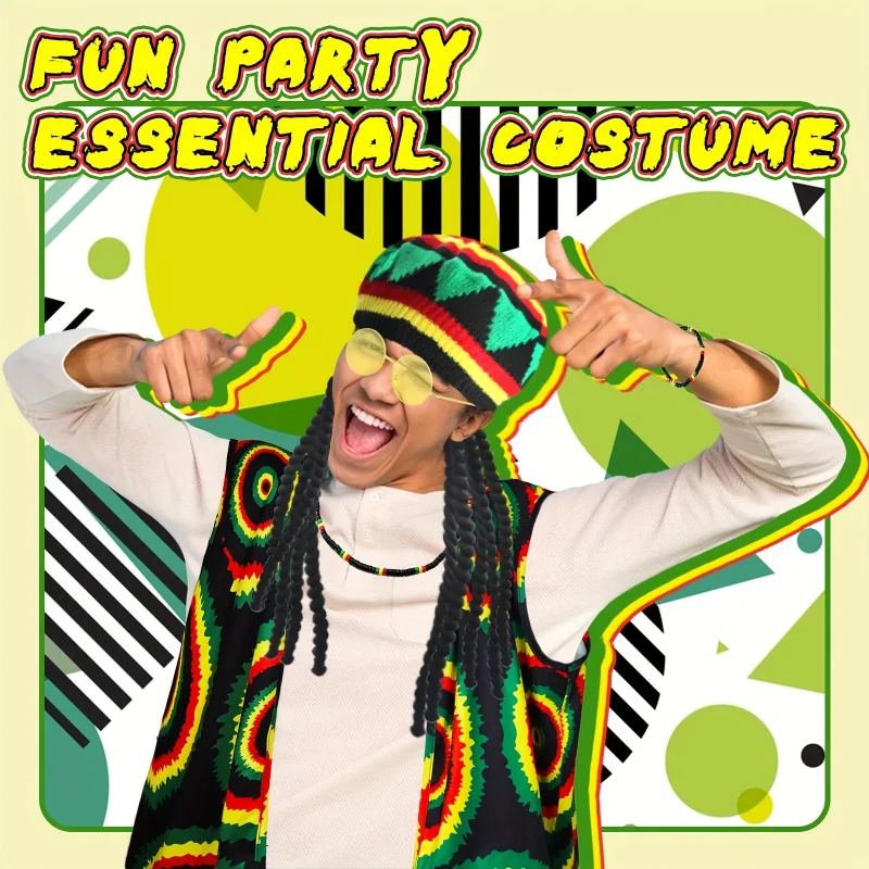 5 pezzi Reggae Costume Gilet Occhiali gialli Dreadlocks intrecciati Parrucca Cappello per donna Uomo Festa in maschera Cosplay Carnevale di Halloween