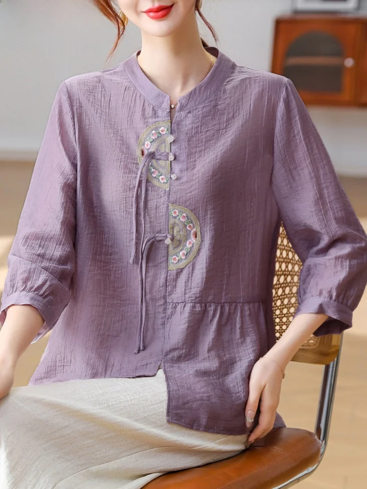 

Casual Cotton Linen Seven-Quarter Sve Women's Set Faionable Mid-aged Summer Outfit round Ne T-irt with ket