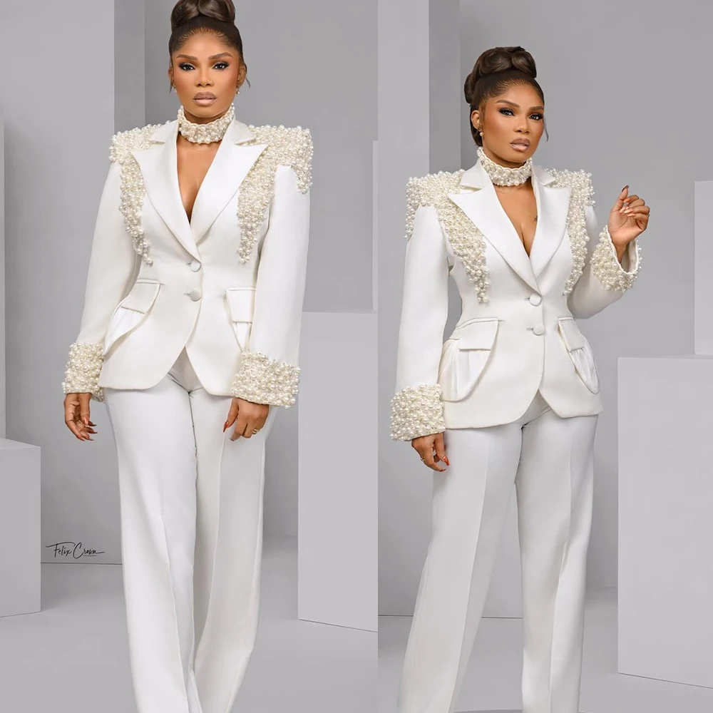 Big Pearls Women Pants Suits Sexy Satin Peaked Lapel Evening Birthday Party Prom Ladies Tuxedos For Wedding Banquet 2 Pieces