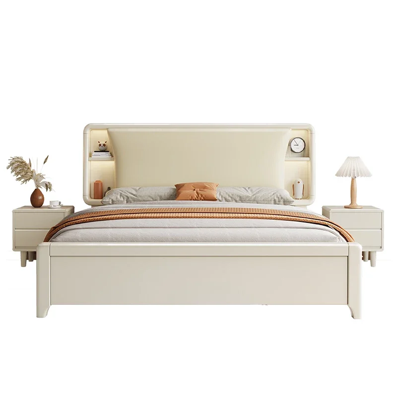 White Silent High box storage  Bed with socket Full solid wood Cream wind  2 meters