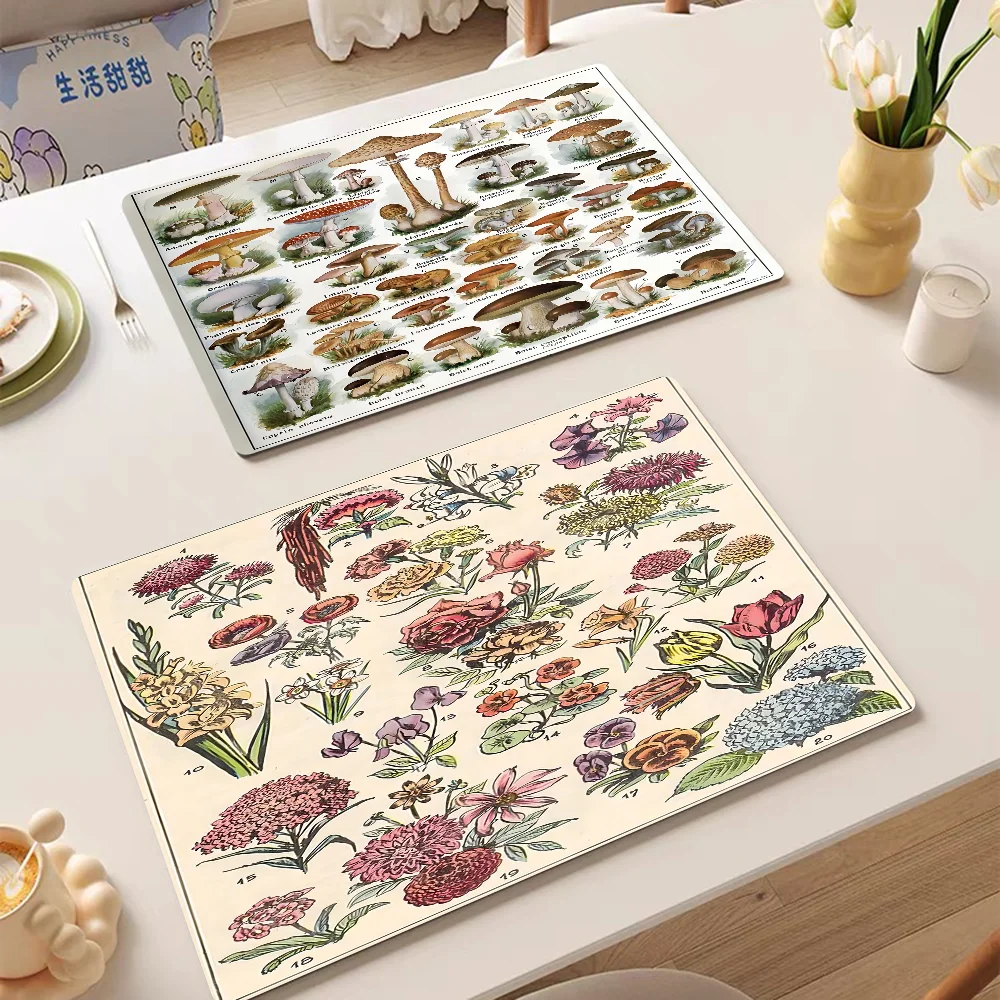 

Botanical Art Prints Mushroom Kitchen Dish Mat Absorbent Dining Table Mats Retro Non-slip Placemat Coffee Dish Tableware Mat