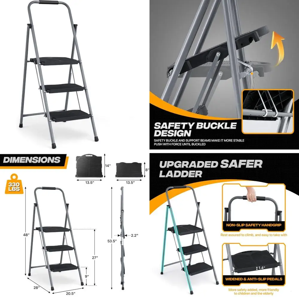 compact 3-step folding ladder with wide anti-slip treads for home use