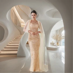 Mermaid Cape Sleeve Beaded Evening Dresses Arabic Dubai Champagne Tulle Pearls High Slit Sequined Formal Party Prom Gown Vestido