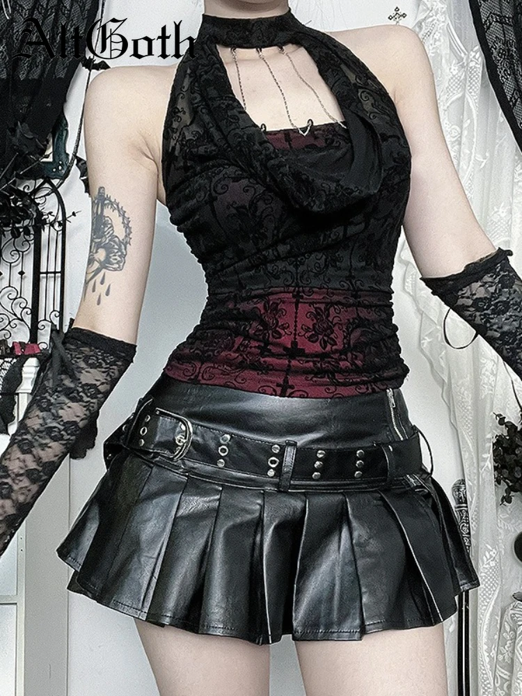 

AltGoth Aesthetic Y2k Flocking Vest Women Dark Gothic Streetwear Fairycore Grunge Sexy Alt Backless Halter Crop Tank Tops Female