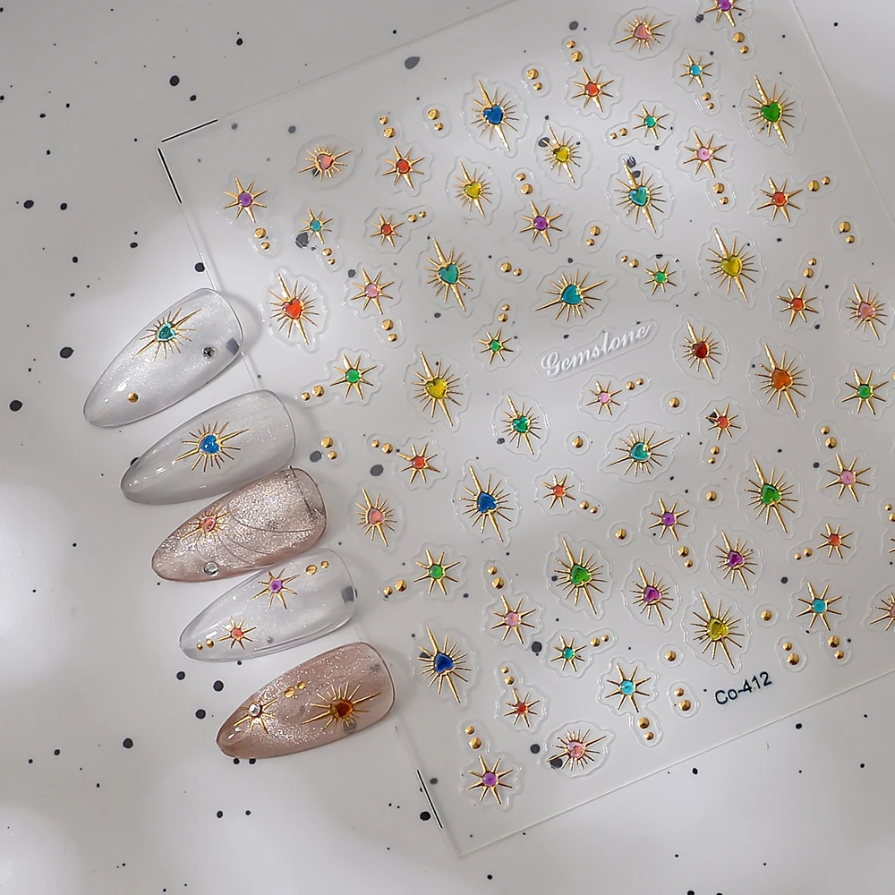 1Pc 골드 스탬핑 멀티 컬러 지르콘 하트 모양의 하이 엔드 장식 5d 릴리프 맞춤형 여성 네일 장난감 스티커