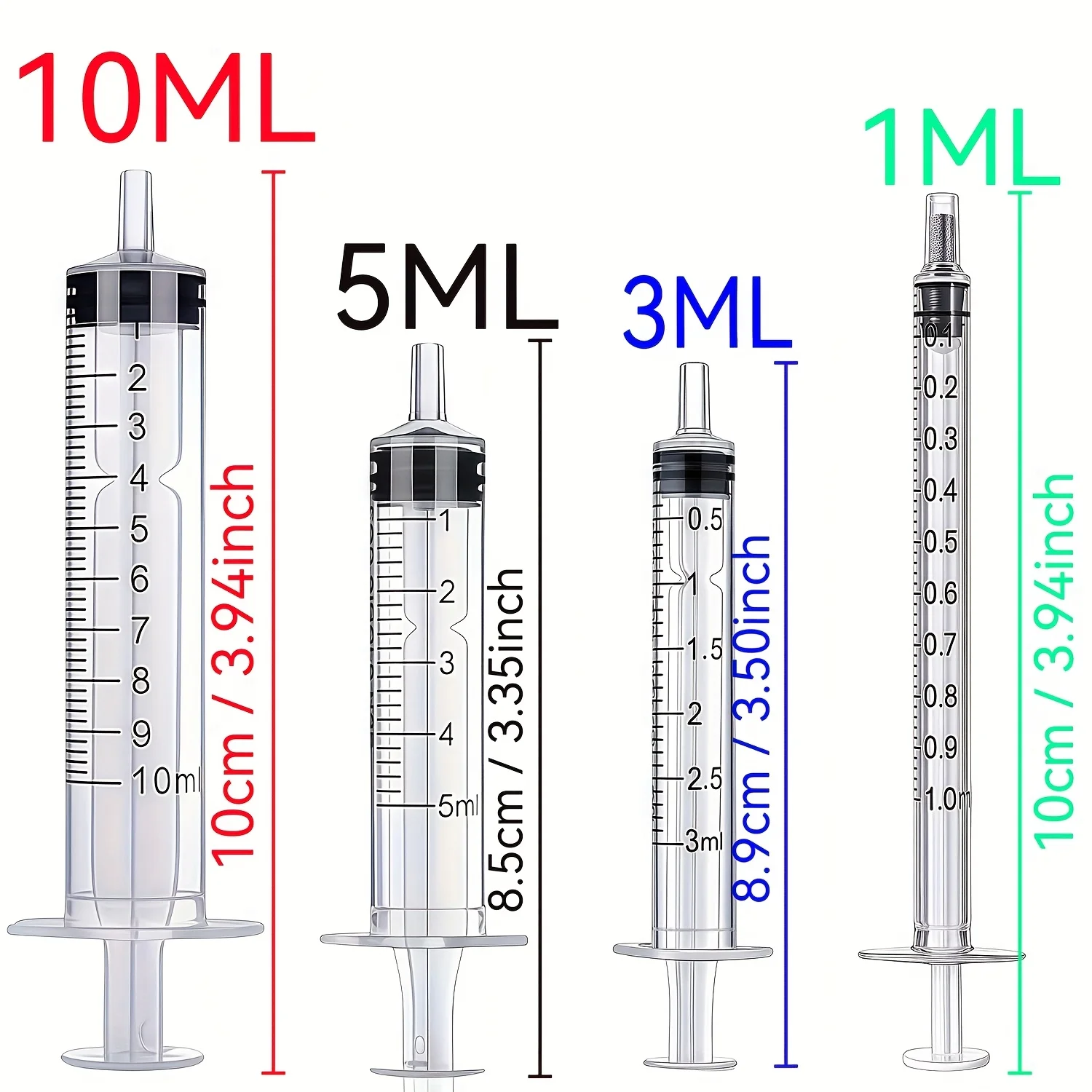 7-teiliges Set 1ML/3ML/10ML/20ML/30ML/60ML Spritzen mit klarer Skala für Klebstoffdosierung, Flüssigkeitsmessung, Tierfütterung und Tintenauffüllung – Detail 2