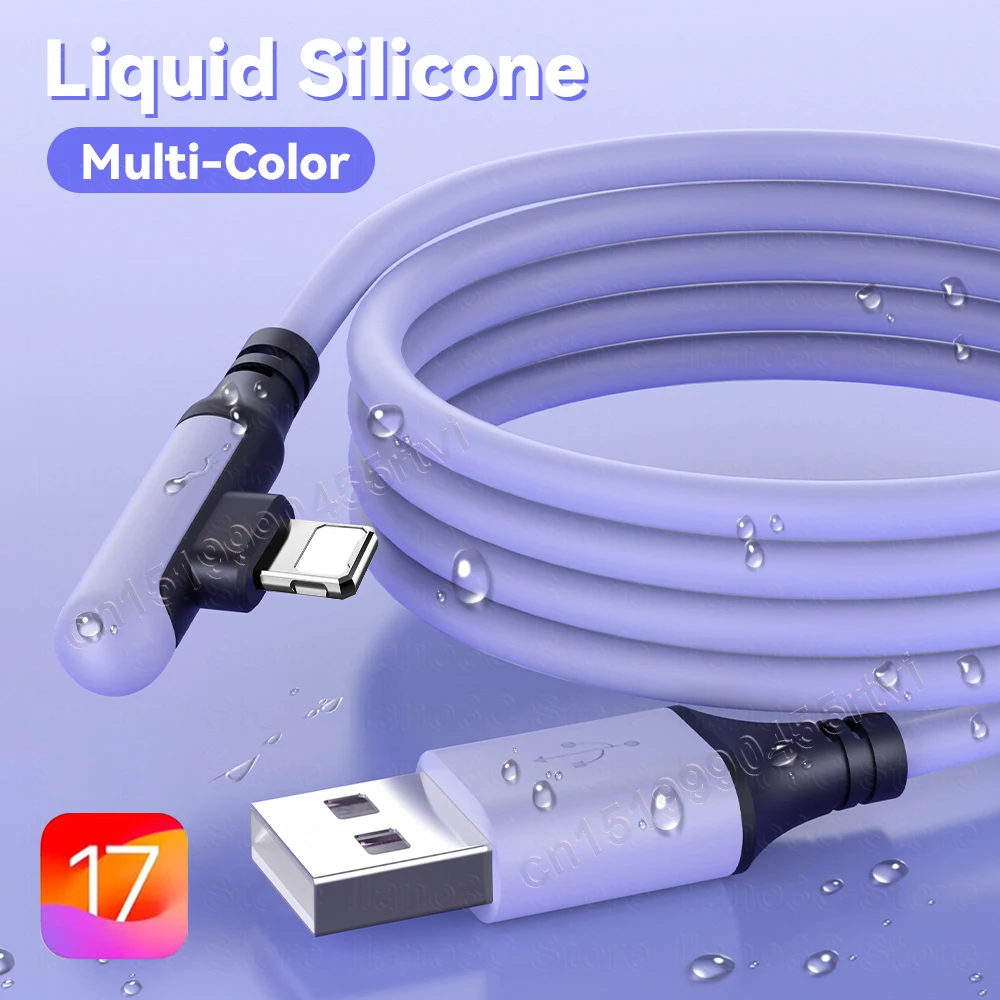 90 Degree USB Cable For iPhone 14 13 12 11 Pro Max XR XS 8 7 6s 5s Fast Charging Charger Liquid Silicone Data Cable 0.3/1.2/1.8M