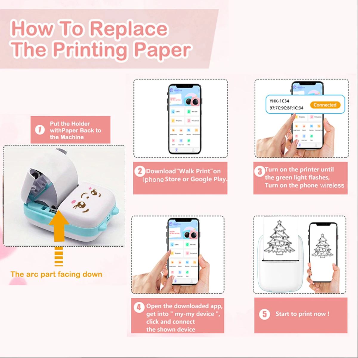 Mini Portabl Printer Inkless Sticker Maker, Free Cut Small Pocket Printer, Portable Thermal Printer for Photo Journal Notes Memo