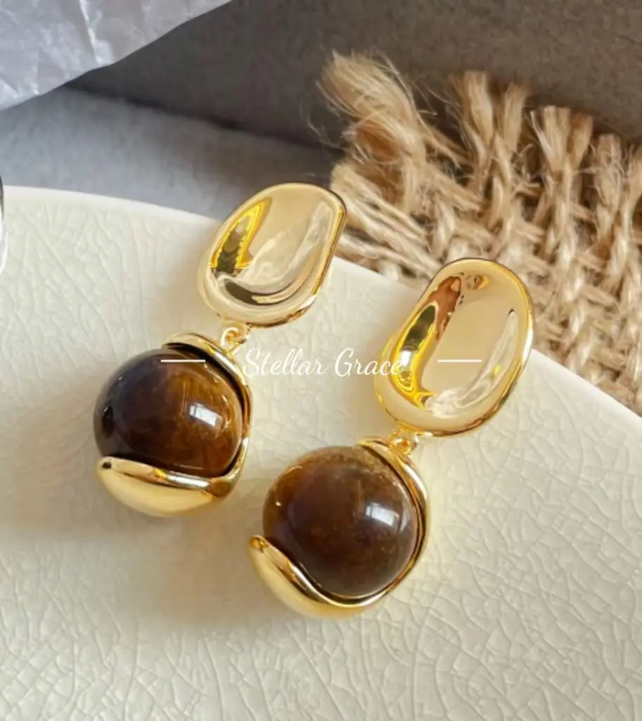 18K Gold Plated Tiger Eye Stone Drop Earrings Handmade Hypoallergenic Beach Wedding Holiday Vacation Jewelry Gift