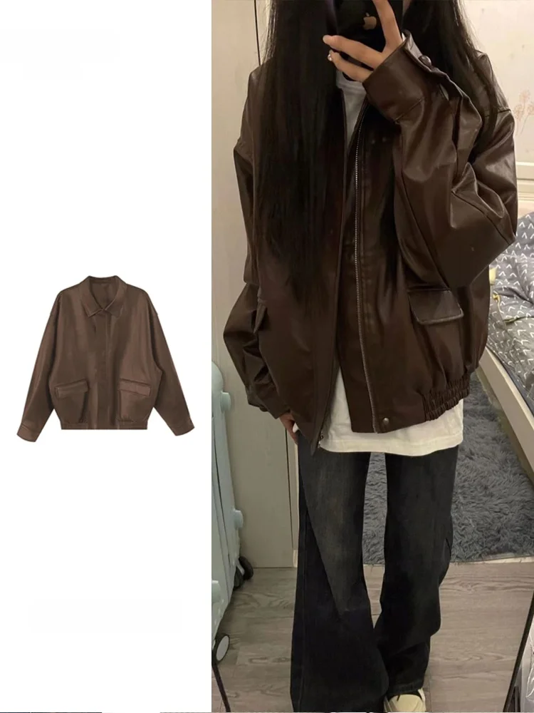

Brown Leather Jacket Women's Loose Style American Student Spring Autumn New Large Size Fashionable Top Zipper Closure Long Sl...