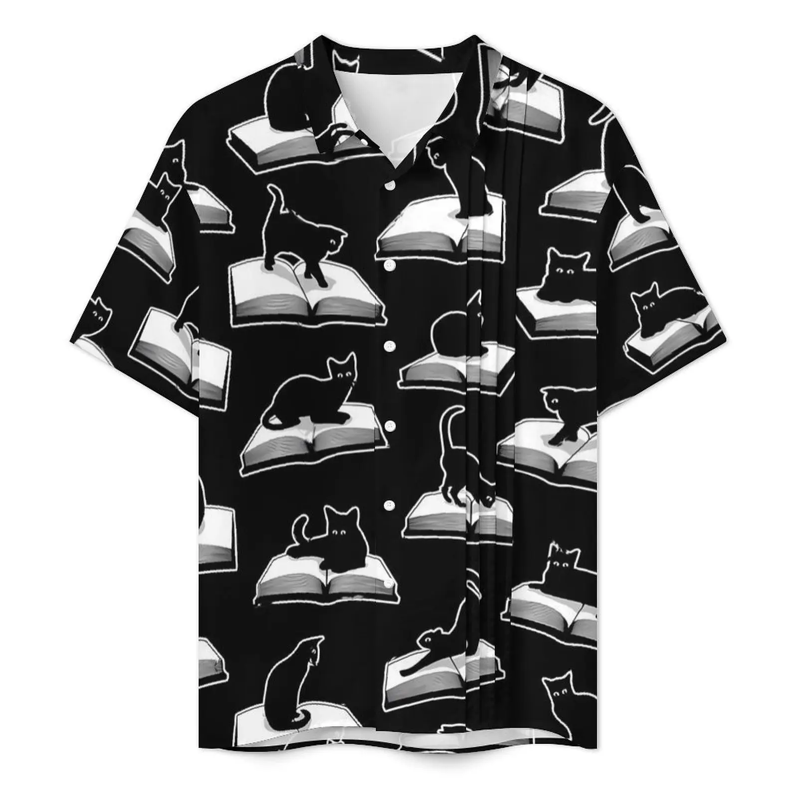 Library Cats Vacation Shirt Men Books Print Loose Casual Shirts Summer Short Sleeve Street Style Design Plus Size Blouses Gift