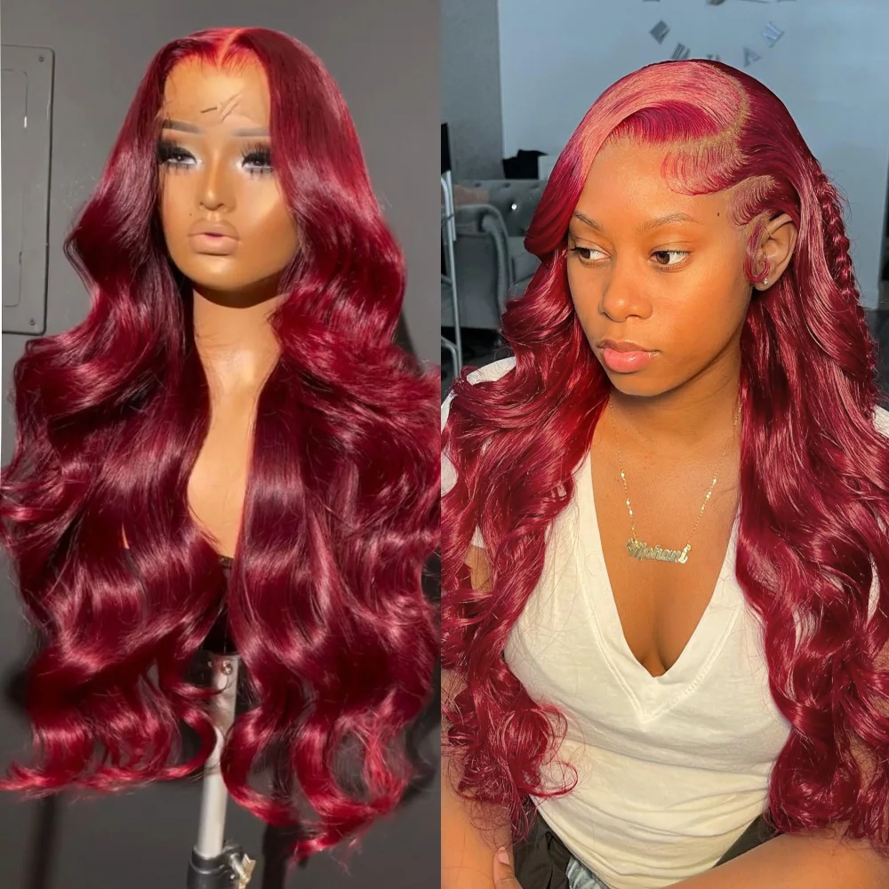 

Парик из натуральных волос 220% плотности, бордовый, 13x6 HD Lace Frontal, 99J, 40 дюймов, бразильский, 13x4, красный, с волнистыми прядями, на кружевной основе