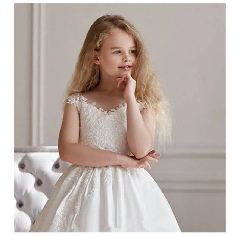 

White Lace Satin Flower Girl Dress Sleeveless Tulle Applique Wedding Princess Dress Holy First Communion Celebration Prom