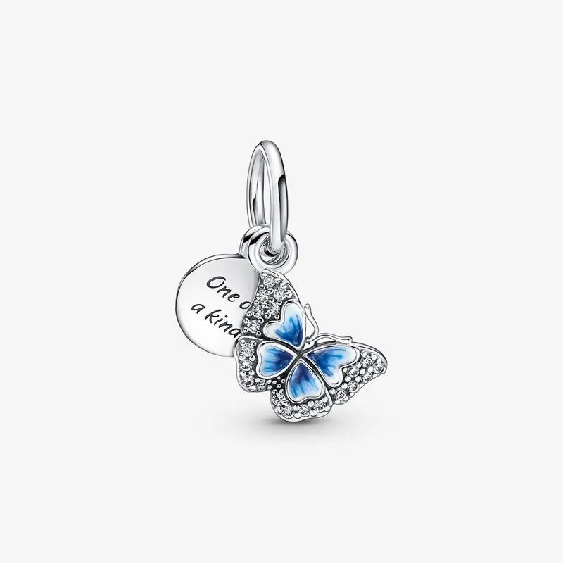 

New Spring 100% 925 Silver Fit Pandora Charms Bracelets Blue Butterfly & Quote Double Dangle Charm Women Jewelry