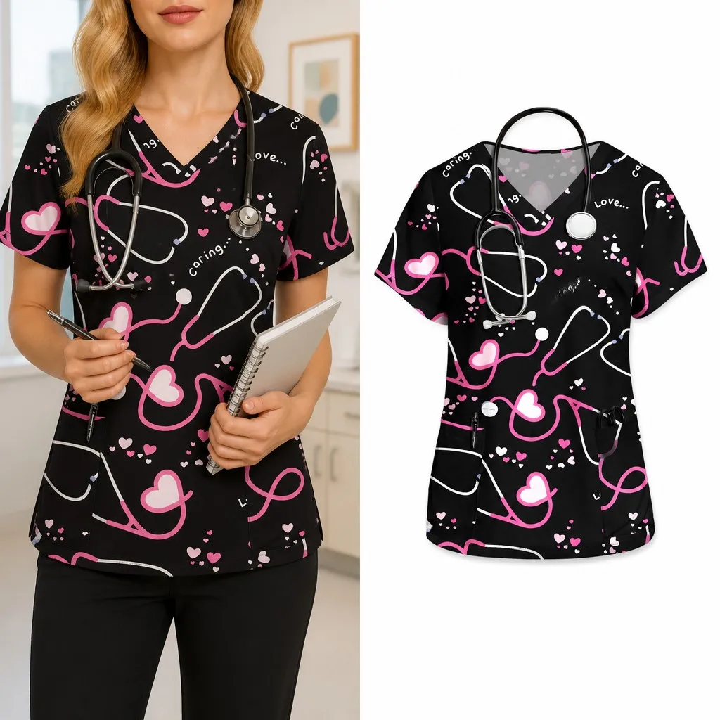 Women's Commuter Outfit Dental & Pet Shop T-shirt Floral Print Women's Grooming Uniform V-neck Short Sleeve Pocket Frosted Top