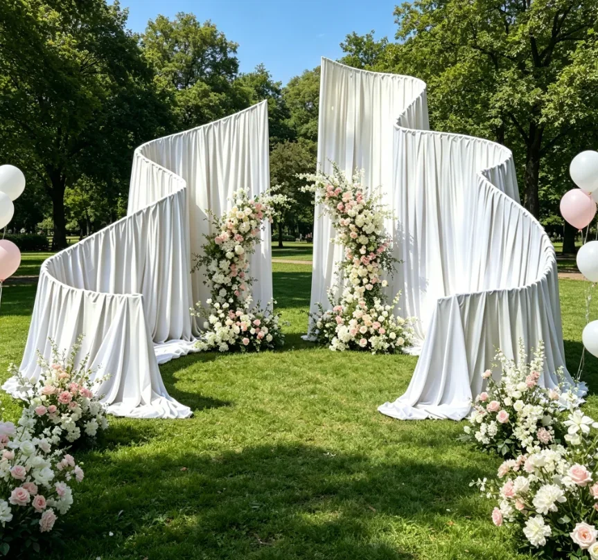 Luxuriöser Weißer Metall-Hochzeitsbogen für Outdoor-Zeremonien, Wiederverwendbarer Hintergrundständer für Vorhänge und Blumendekoration – Detail 7