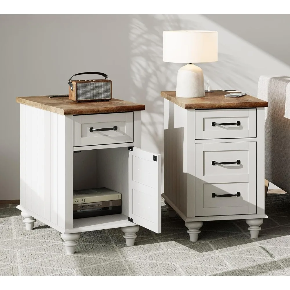 2 Pack Modern Nightstands with Charging Station, Mid Century Side Tables with Storage Cabinet, Light Wood Bedside Tables with D