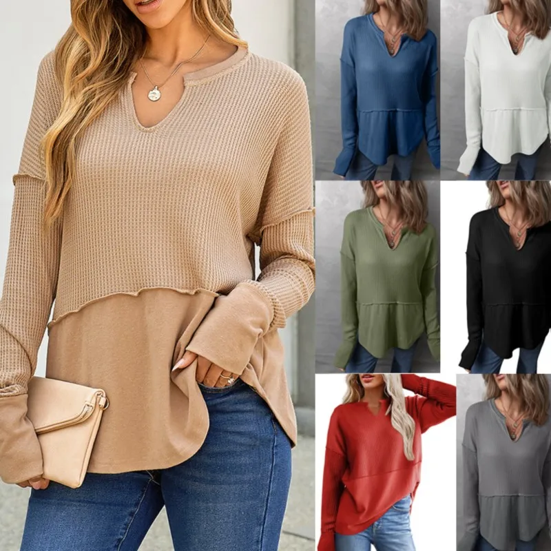 

2025 Autumn Women's Casual Shirt Solid Color Long Sleeve Splicing Solid Color Loose Hoodie Women's T-shirt Pullovers