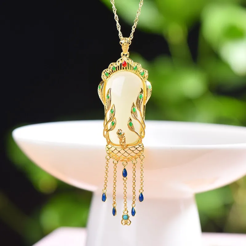 S925 Silver Inlaid With Hetian Jade Peace Pendant With Enamel Tail, New-Style Accessory