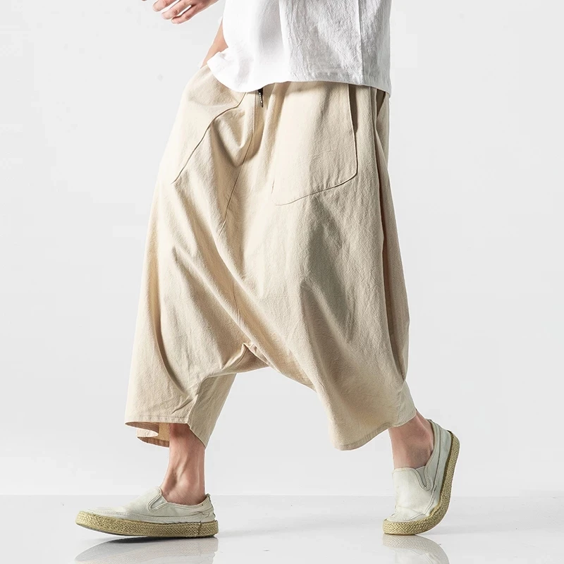Letnie męskie spodnie haremki plus size, luźne spodnie z szerokimi nogawkami z bawełny i lnu w stylu vintage, męskie spodnie z elastyczną talią, pantalones, spodnie.