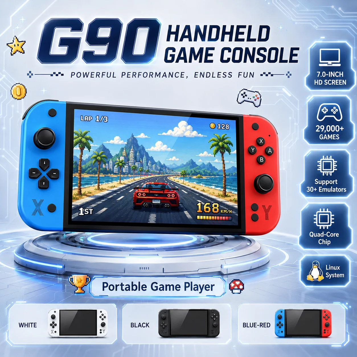 

G90 Retro Handheld Game Console 7" Large HD Display TV Output 4000mAh Battery Quad Core Chip for Travel Gaming Holiday Gifts